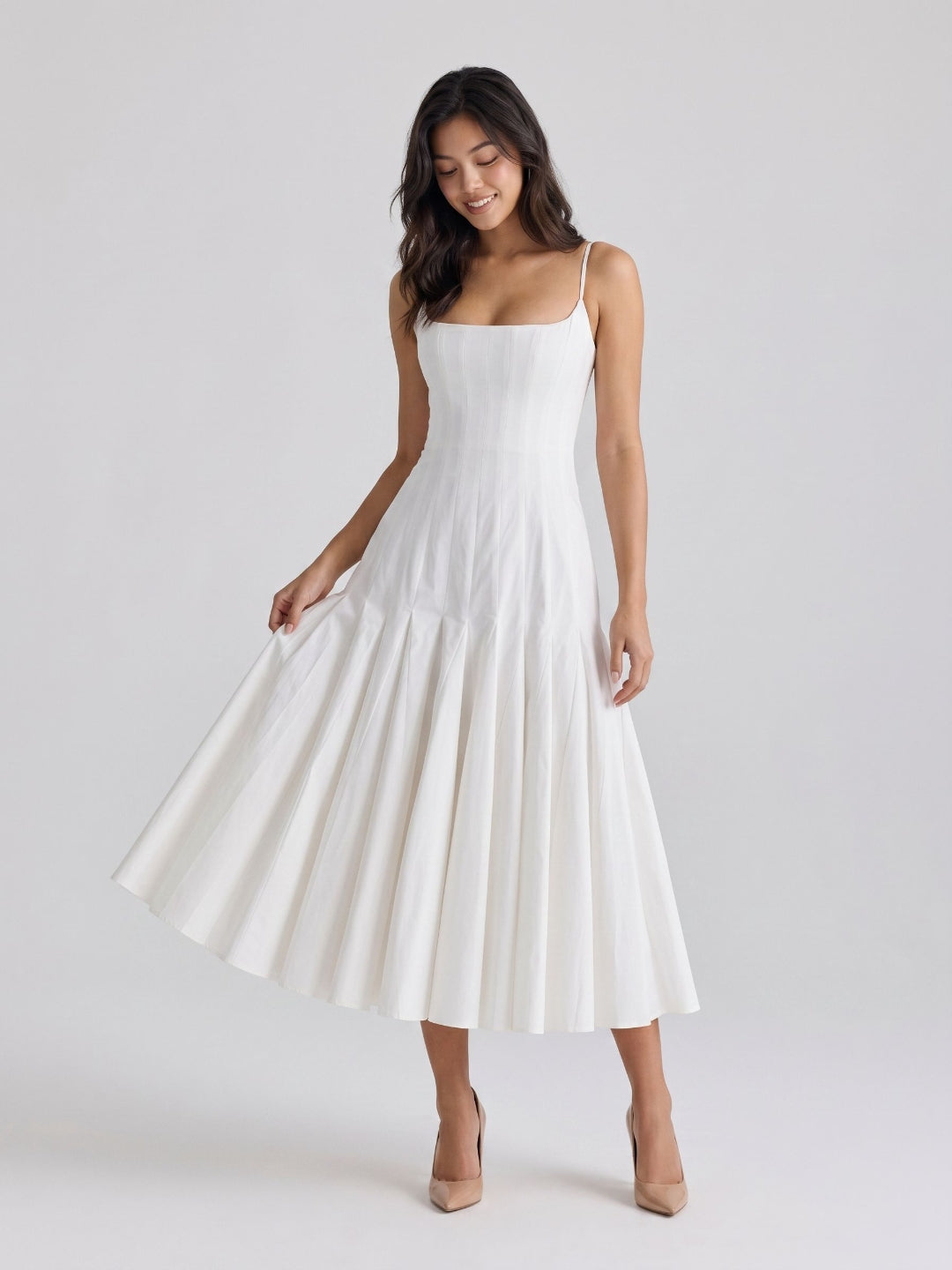 White Matte Satin A-Line Square Neck Back Zip Tea-Length Birthday Dress
