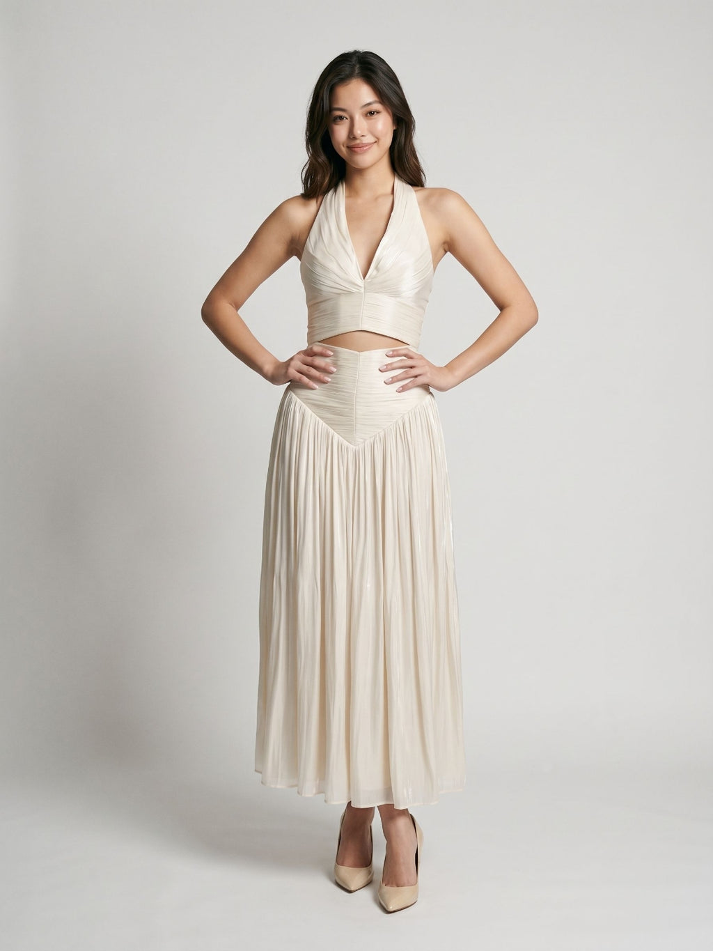 White Matte Satin A-Line V-Neck Back Zip Ankle-Length Formal Dress with Pleating