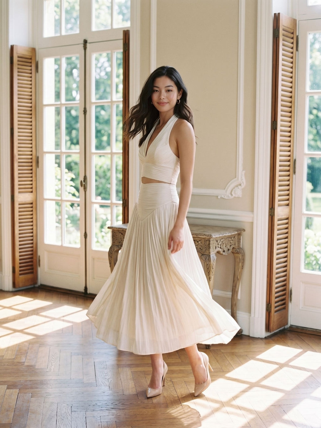 White Matte Satin A-Line V-Neck Back Zip Ankle-Length Formal Dress with Pleating