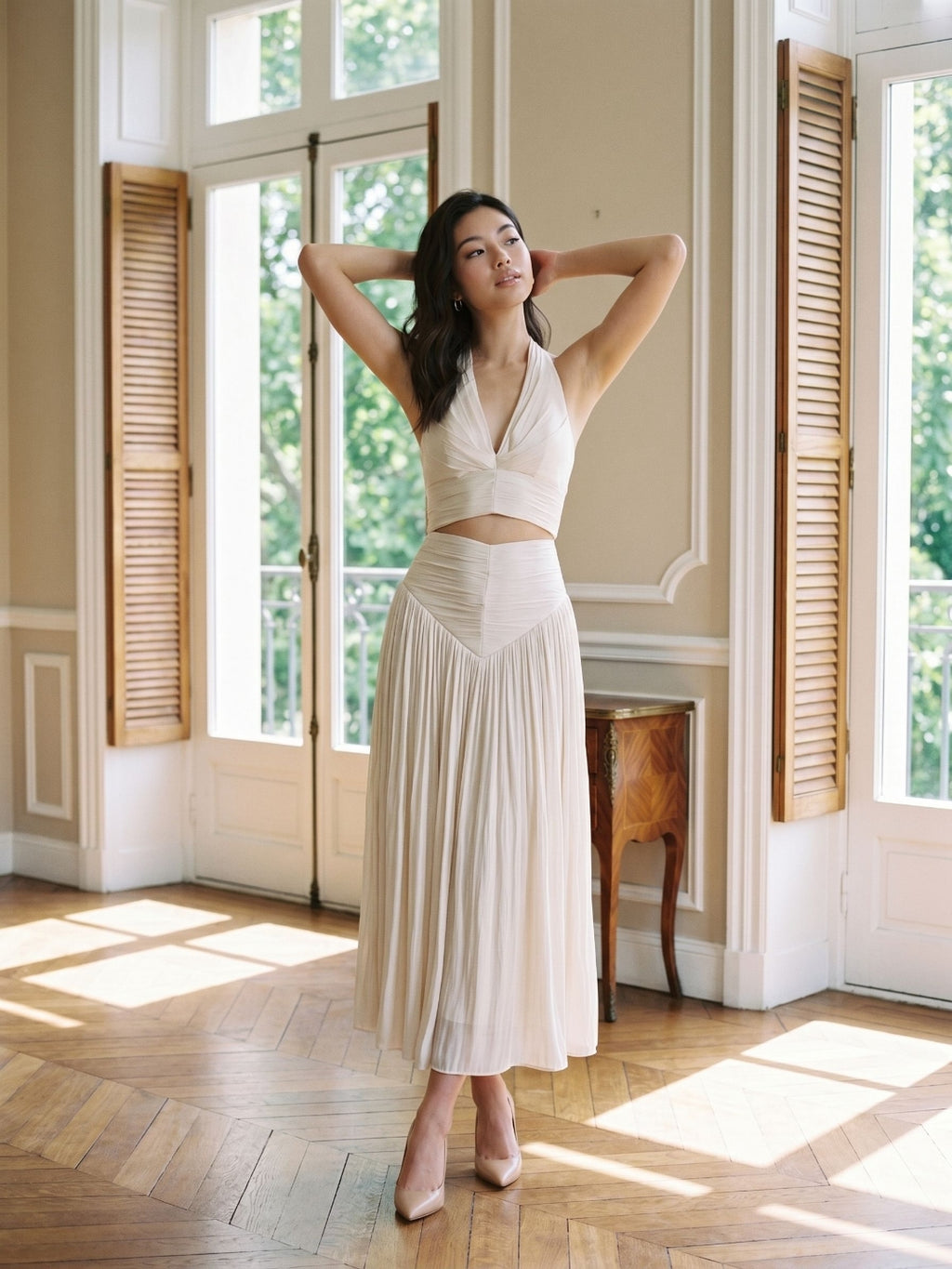 White Matte Satin A-Line V-Neck Back Zip Ankle-Length Formal Dress with Pleating
