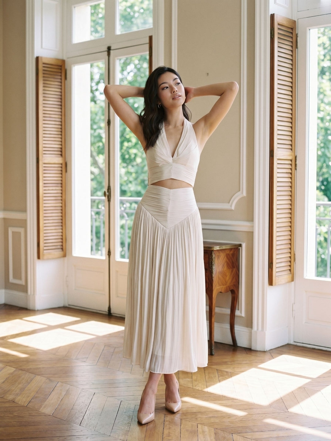 White Matte Satin A-Line V-Neck Back Zip Ankle-Length Formal Dress with Pleating