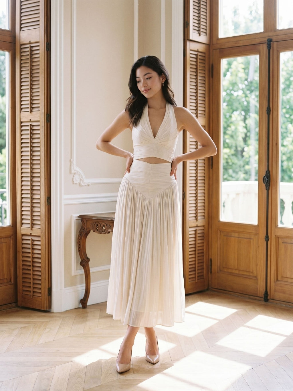 White Matte Satin A-Line V-Neck Back Zip Ankle-Length Formal Dress with Pleating