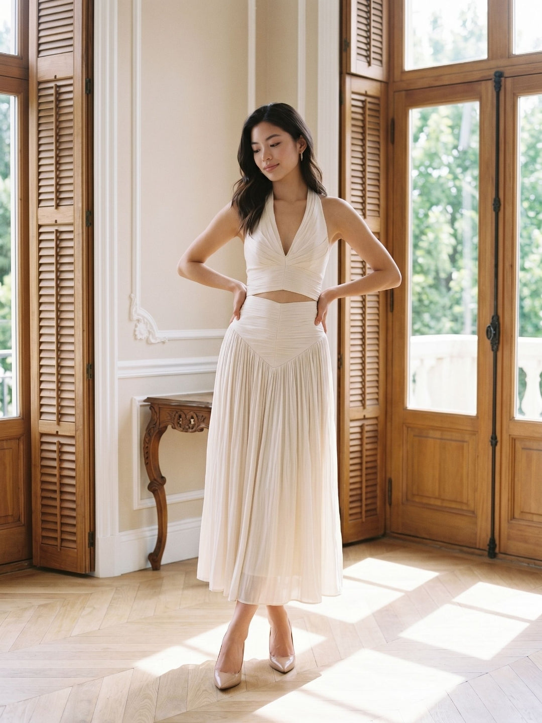 White Matte Satin A-Line V-Neck Back Zip Ankle-Length Formal Dress with Pleating