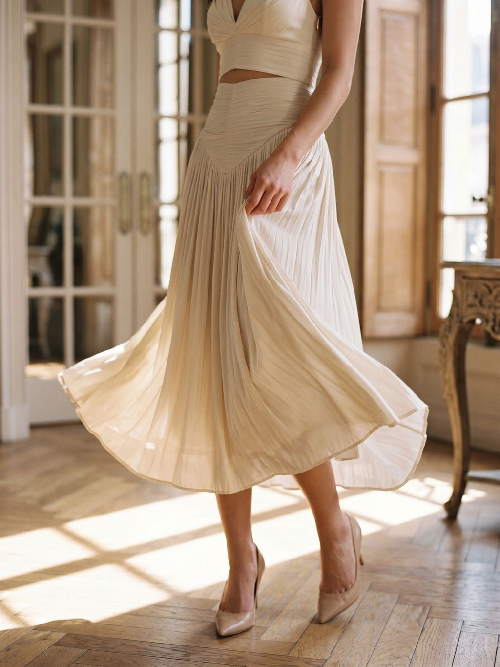 White Matte Satin A-Line V-Neck Back Zip Ankle-Length Formal Dress with Pleating