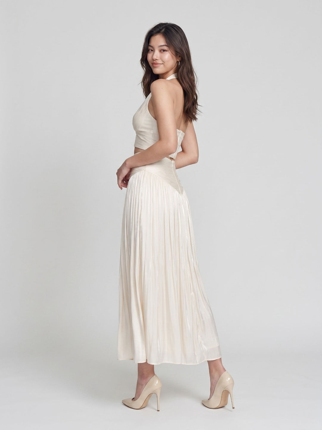 White Matte Satin A-Line V-Neck Back Zip Ankle-Length Formal Dress with Pleating