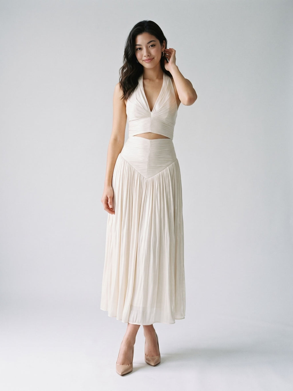 White Matte Satin A-Line V-Neck Back Zip Ankle-Length Formal Dress with Pleating