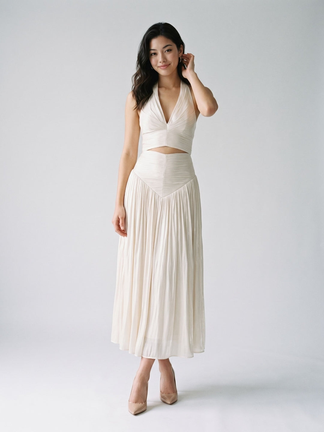 White Matte Satin A-Line V-Neck Back Zip Ankle-Length Formal Dress with Pleating