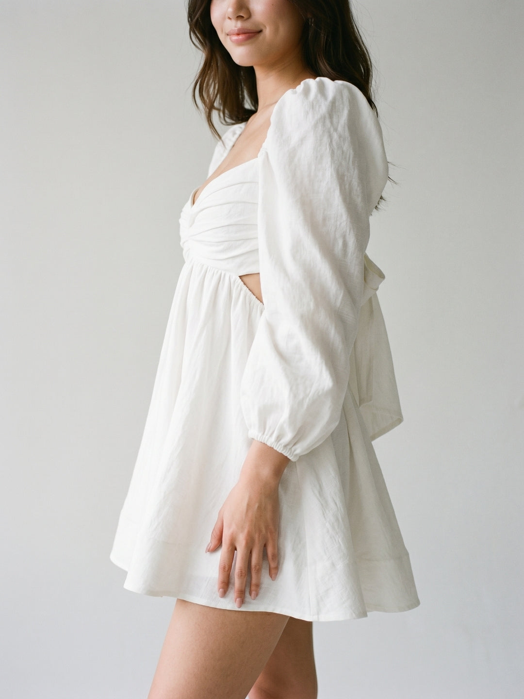 White Matte Satin A-Line V-Neck Keyhole Back Short Homecoming Dress with Pleating