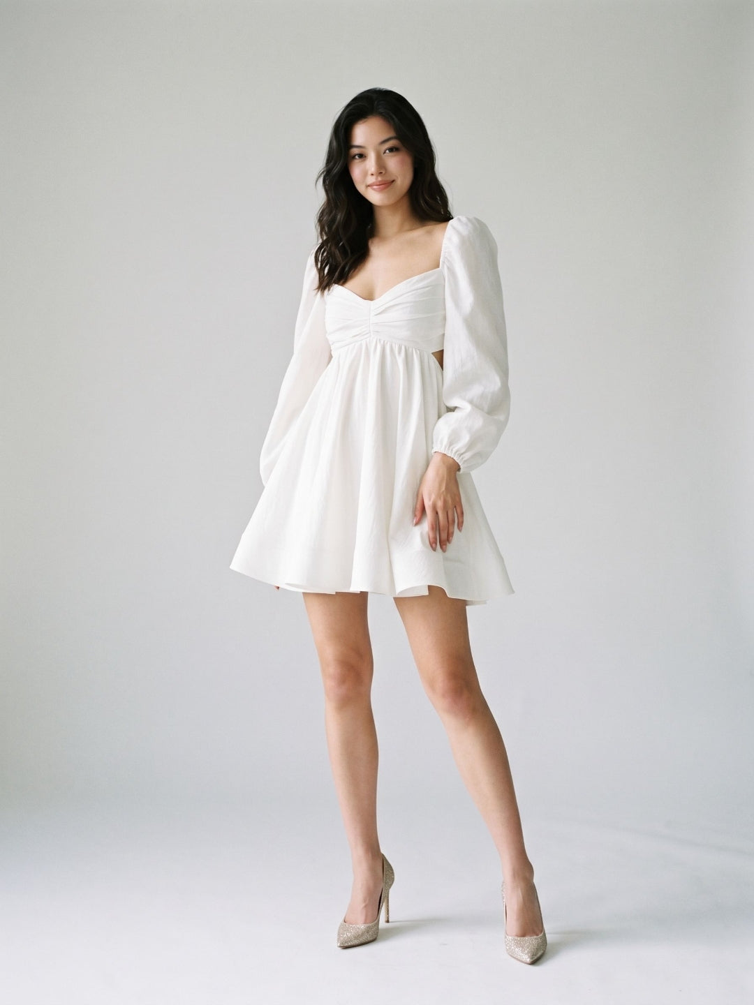 White Matte Satin A-Line V-Neck Keyhole Back Short Homecoming Dress with Pleating