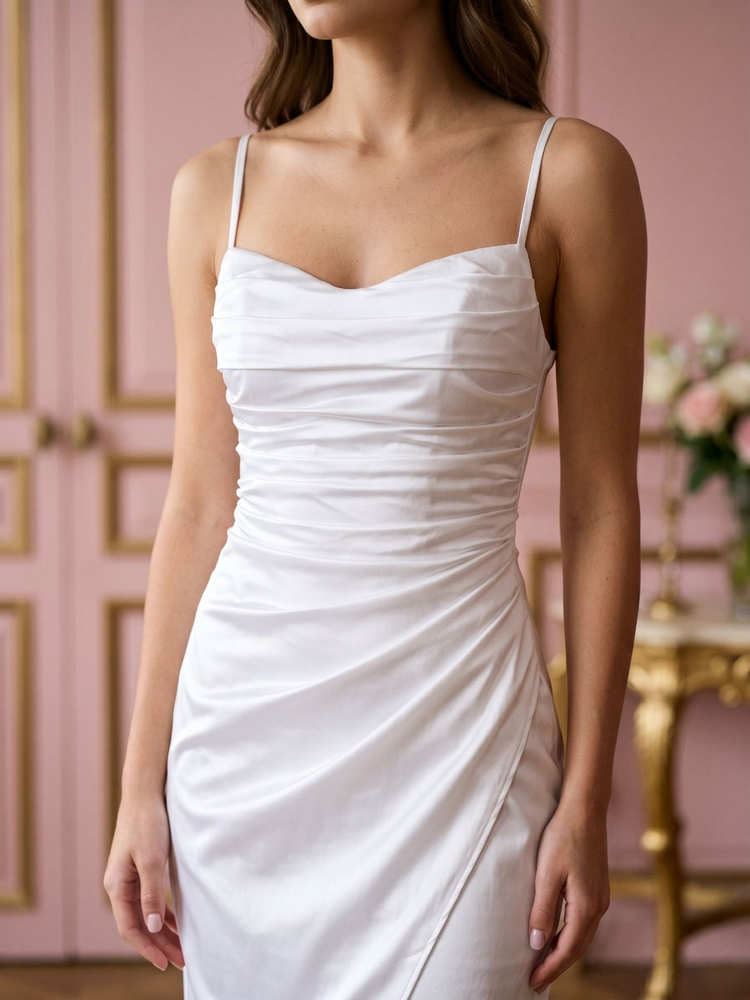 White Matte Satin Sheath Cowl Neck Lace-Up Back Knee-Length Dress with Pleating
