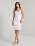 White Matte Satin Sheath Cowl Neck Lace-Up Back Knee-Length Dress with Pleating
