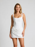 White Matte Satin Sheath Square Neck Corset Back Short Dress with Pleating