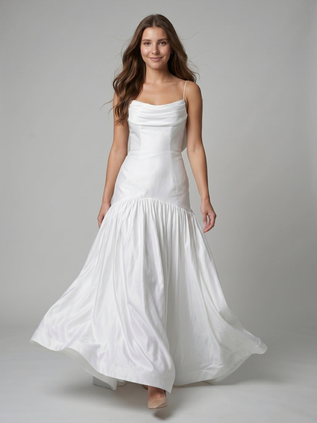White Matte Satin Sheath Straight Neck Backless Floor-Length Bridesmaid Dress with Bow