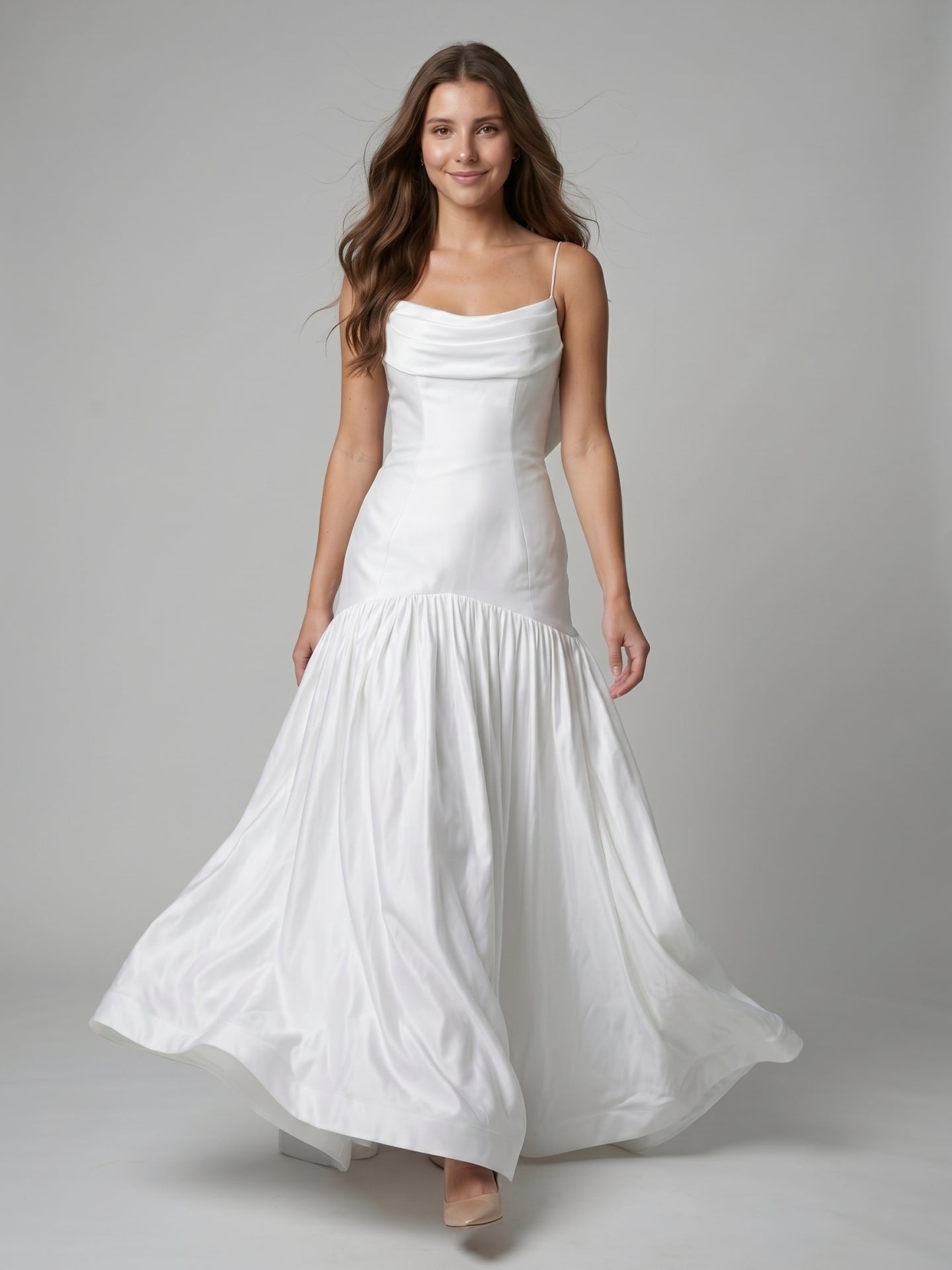White Matte Satin Sheath Straight Neck Backless Floor-Length Bridesmaid Dress with Bow
