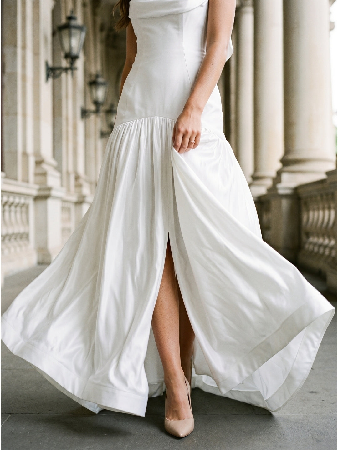 White Matte Satin Sheath Straight Neck Backless Floor-Length Bridesmaid Dress with Bow