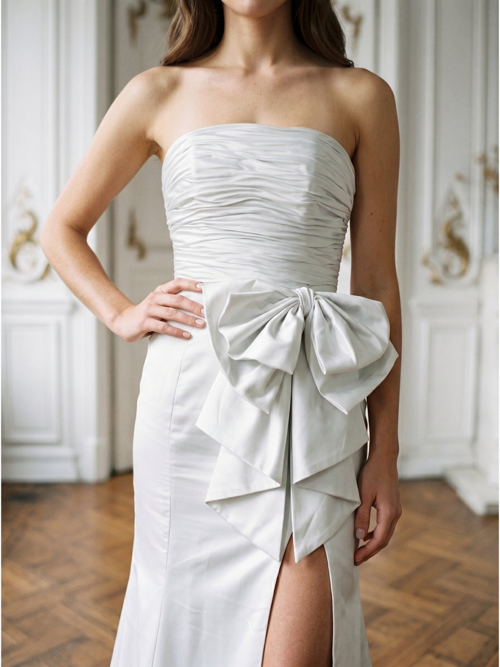 White Matte Satin Sheath Straight Neck Backless Floor-Length Bridesmaid Dress with Bow