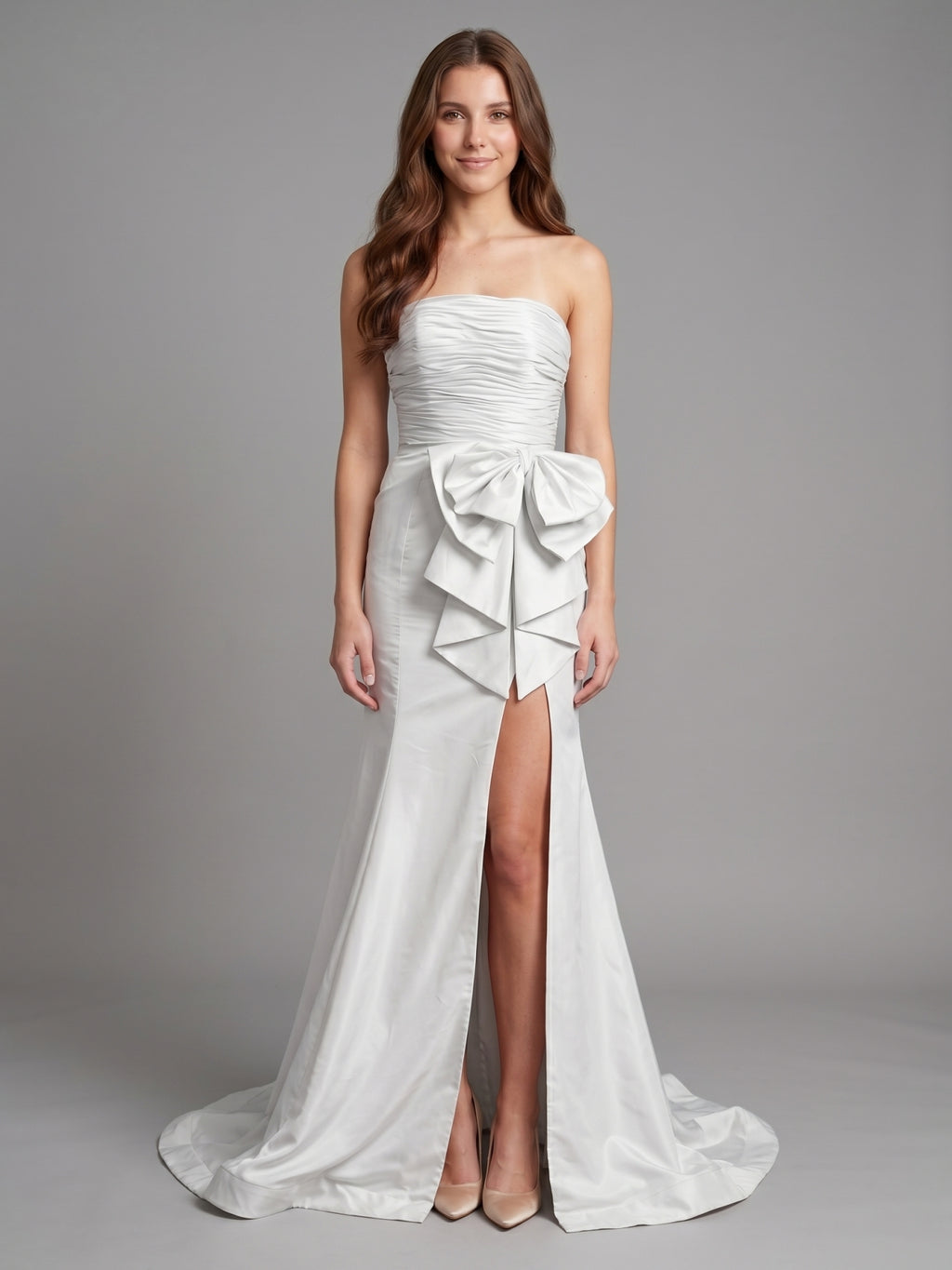 White Matte Satin Sheath Straight Neck Backless Floor-Length Bridesmaid Dress with Bow