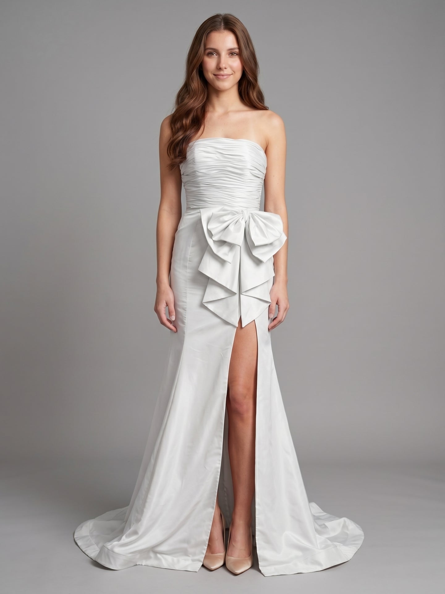White Matte Satin Sheath Straight Neck Backless Floor-Length Bridesmaid Dress with Bow