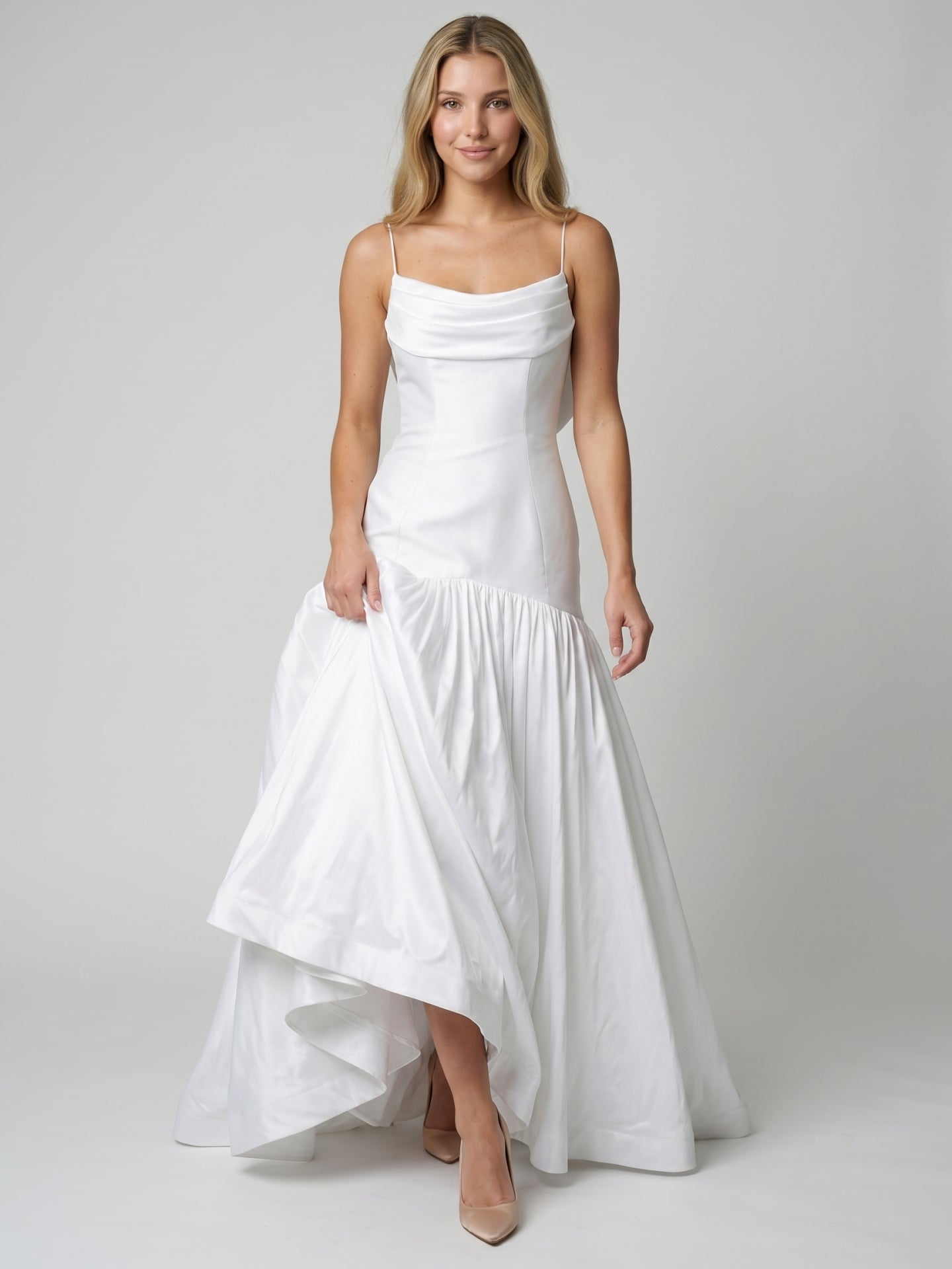 White Matte Satin Sheath Straight Neck Backless Floor-Length Bridesmaid Dress with Bow