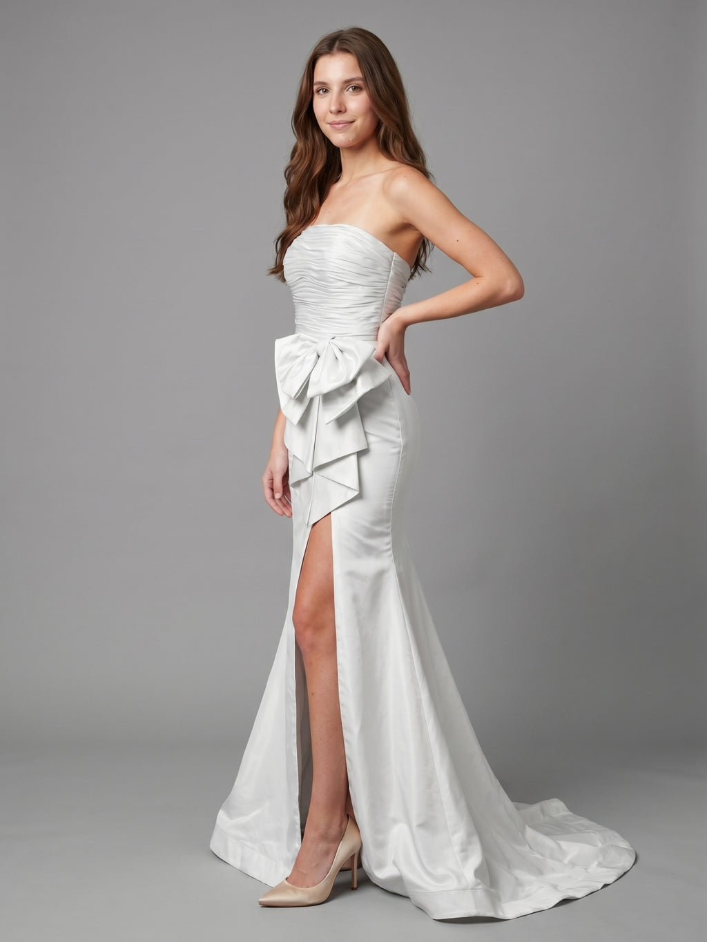 White Matte Satin Sheath Straight Neck Backless Floor-Length Bridesmaid Dress with Bow