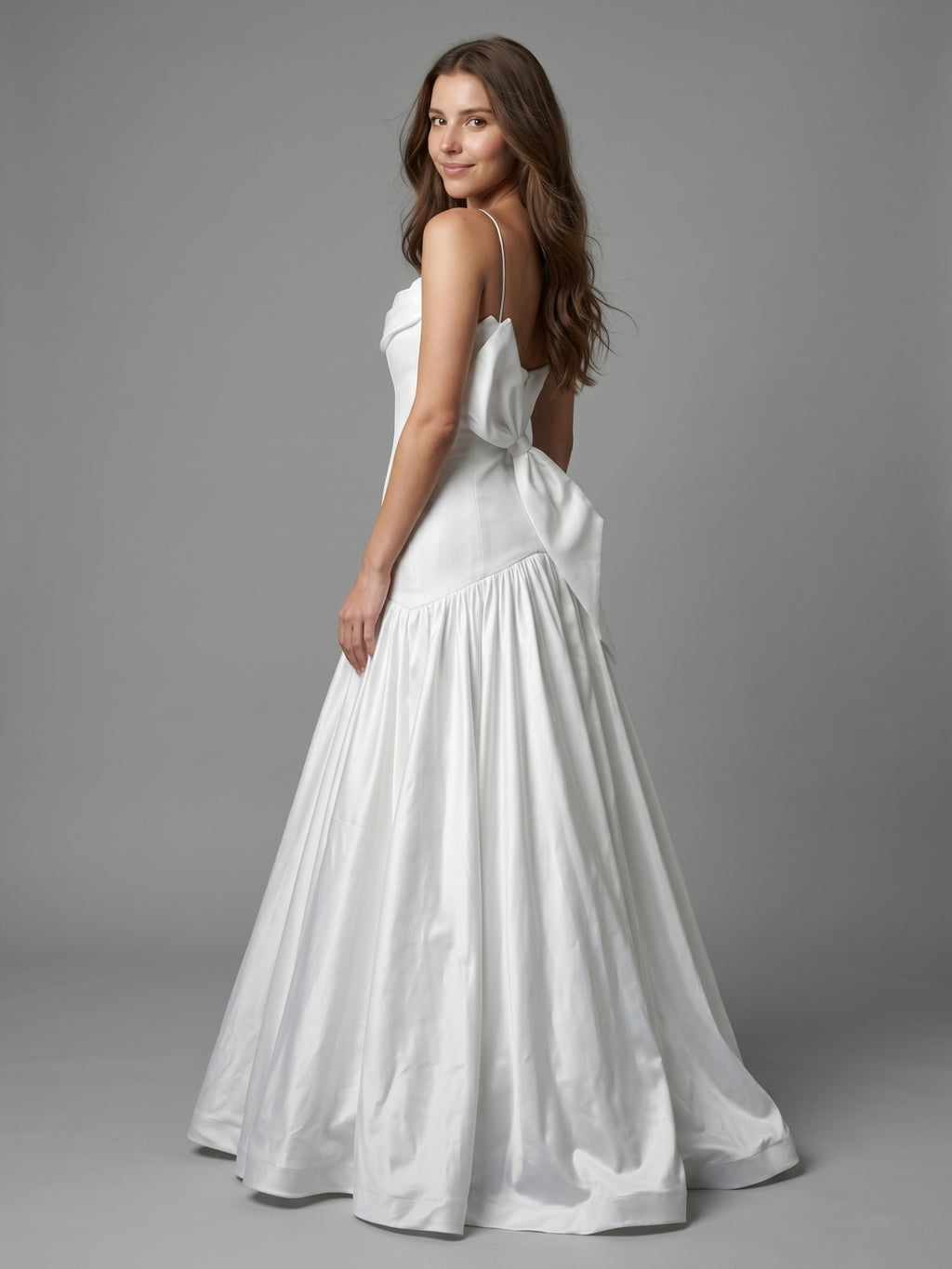 White Matte Satin Sheath Straight Neck Backless Floor-Length Bridesmaid Dress with Bow