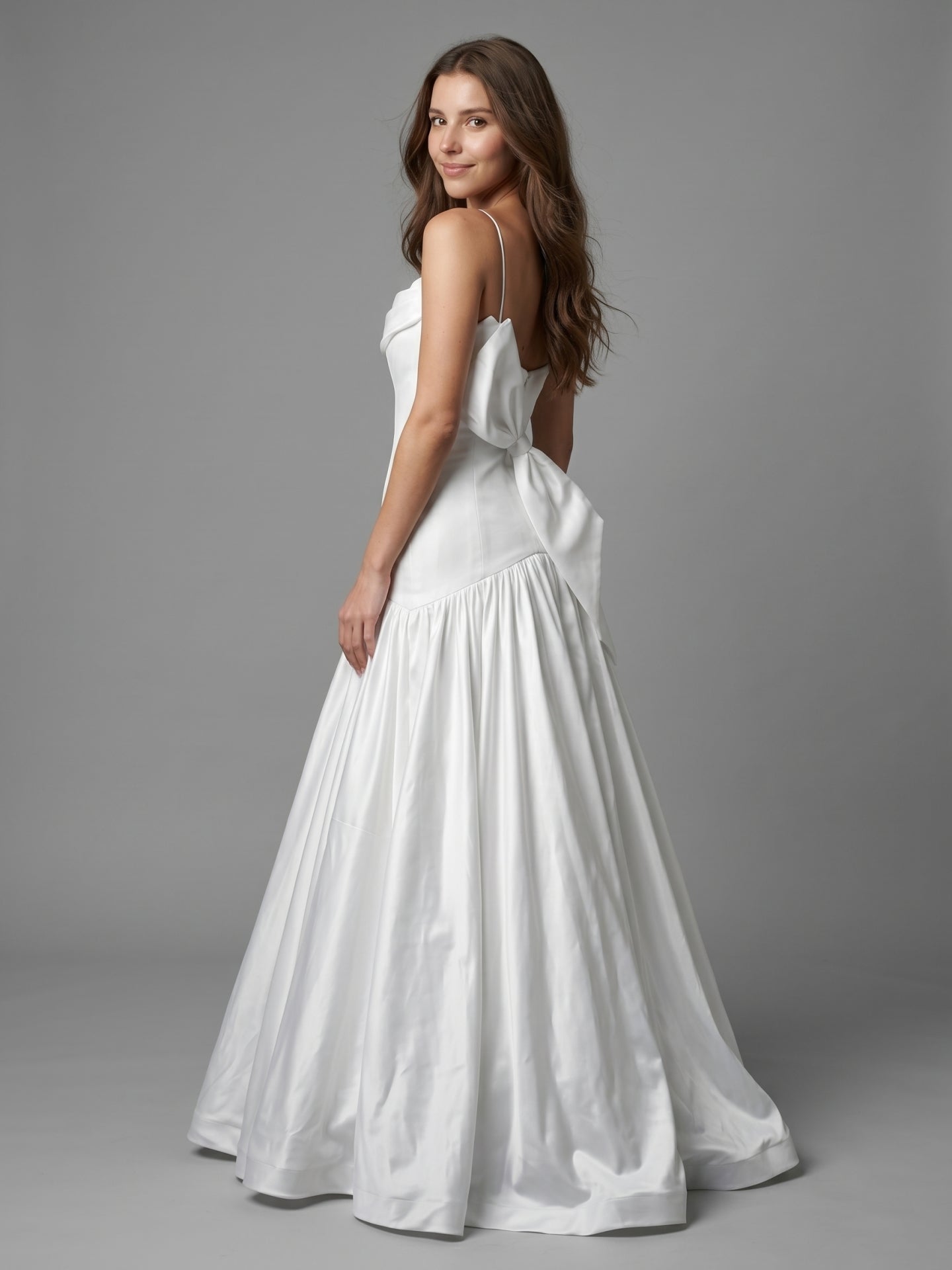 White Matte Satin Sheath Straight Neck Backless Floor-Length Bridesmaid Dress with Bow