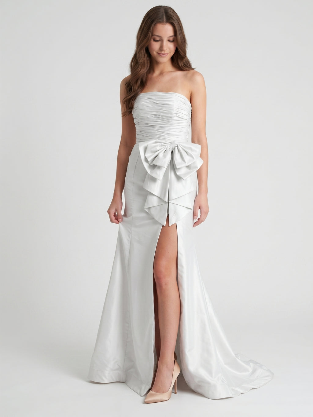 White Matte Satin Sheath Straight Neck Backless Floor-Length Bridesmaid Dress with Bow