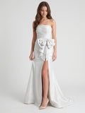 White Matte Satin Sheath Straight Neck Backless Floor-Length Bridesmaid Dress with Bow