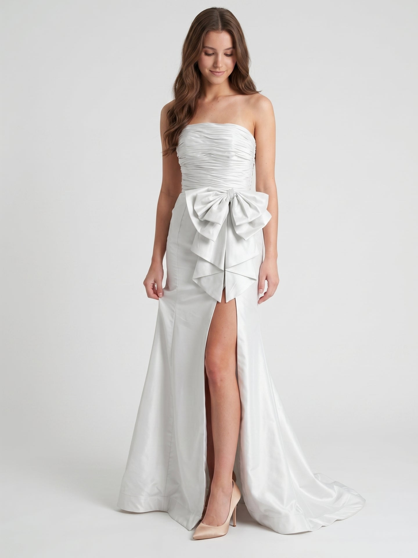 White Matte Satin Sheath Straight Neck Backless Floor-Length Bridesmaid Dress with Bow