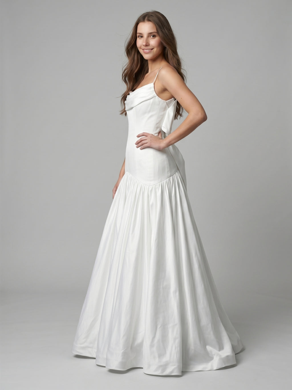 White Matte Satin Sheath Straight Neck Backless Floor-Length Bridesmaid Dress with Bow