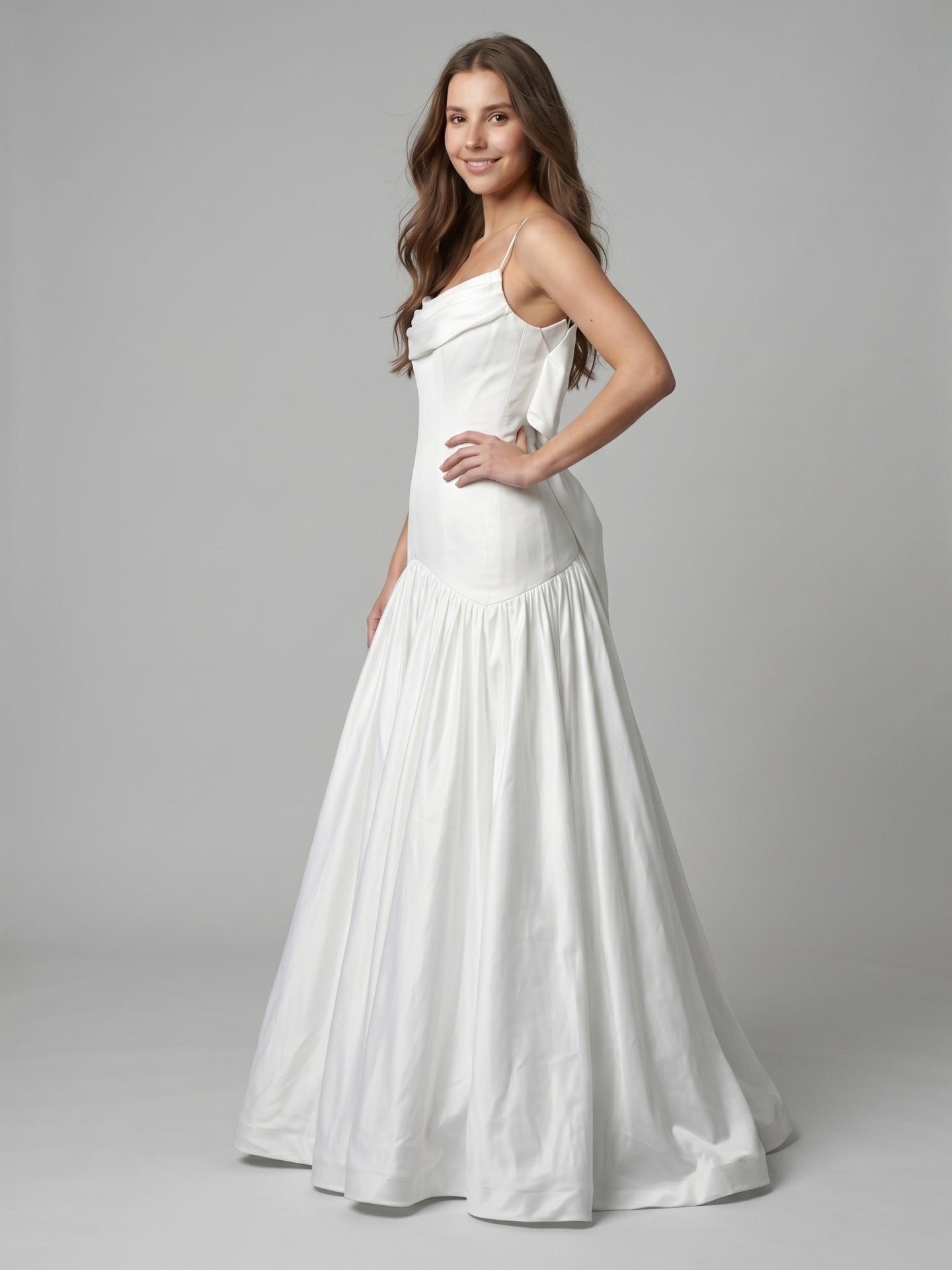 White Matte Satin Sheath Straight Neck Backless Floor-Length Bridesmaid Dress with Bow