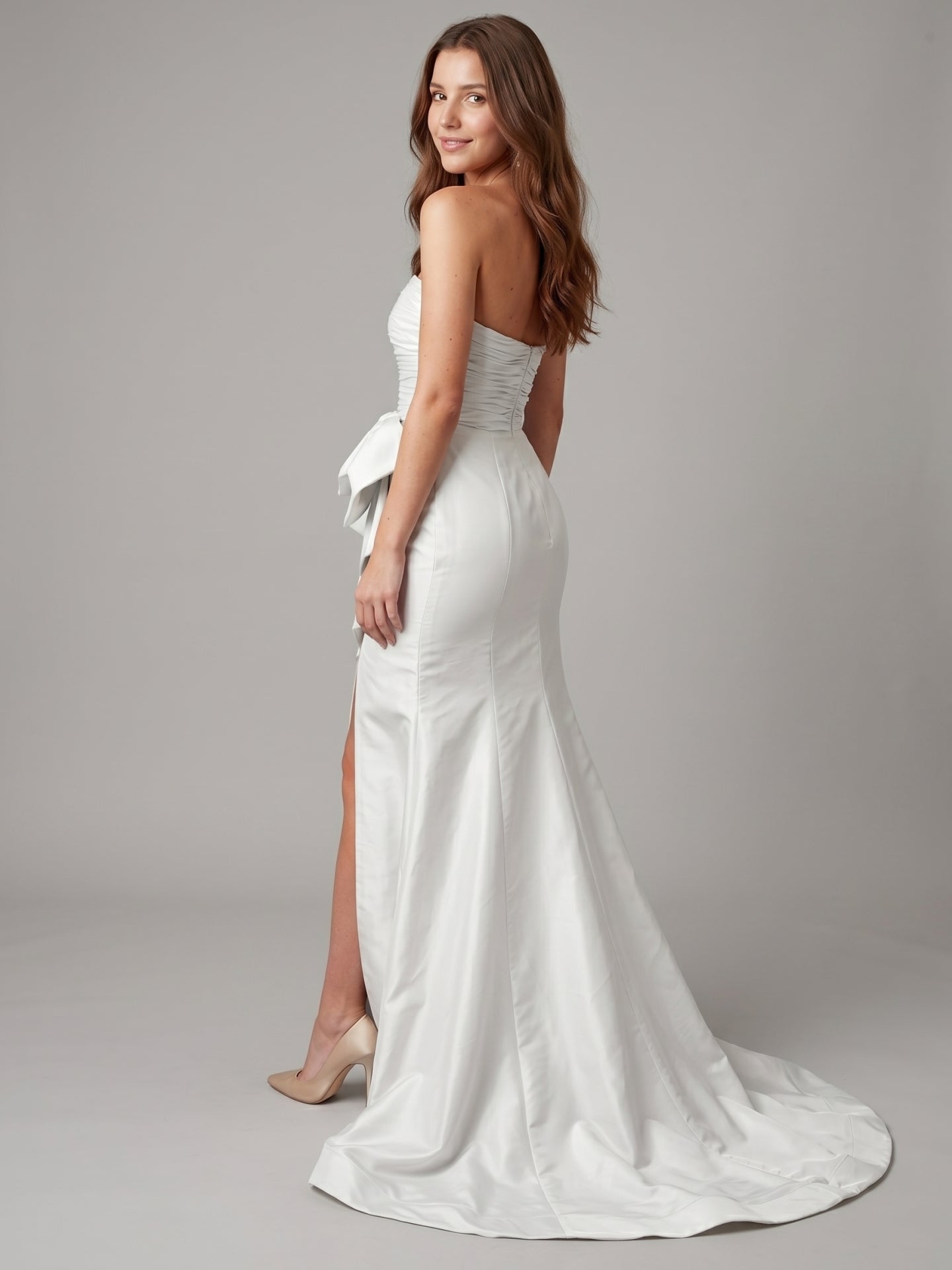 White Matte Satin Sheath Straight Neck Backless Floor-Length Bridesmaid Dress with Bow