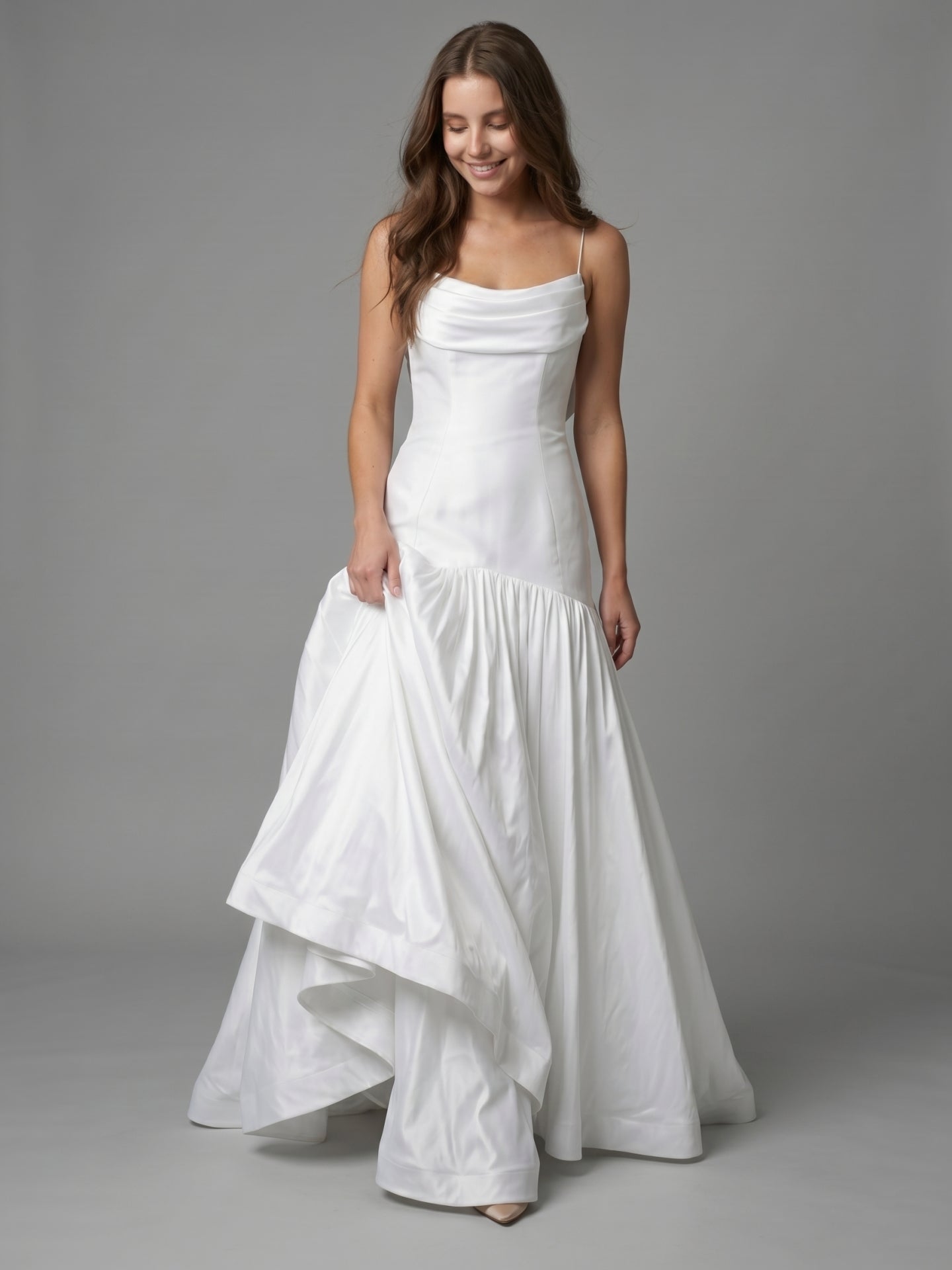 White Matte Satin Sheath Straight Neck Backless Floor-Length Bridesmaid Dress with Bow