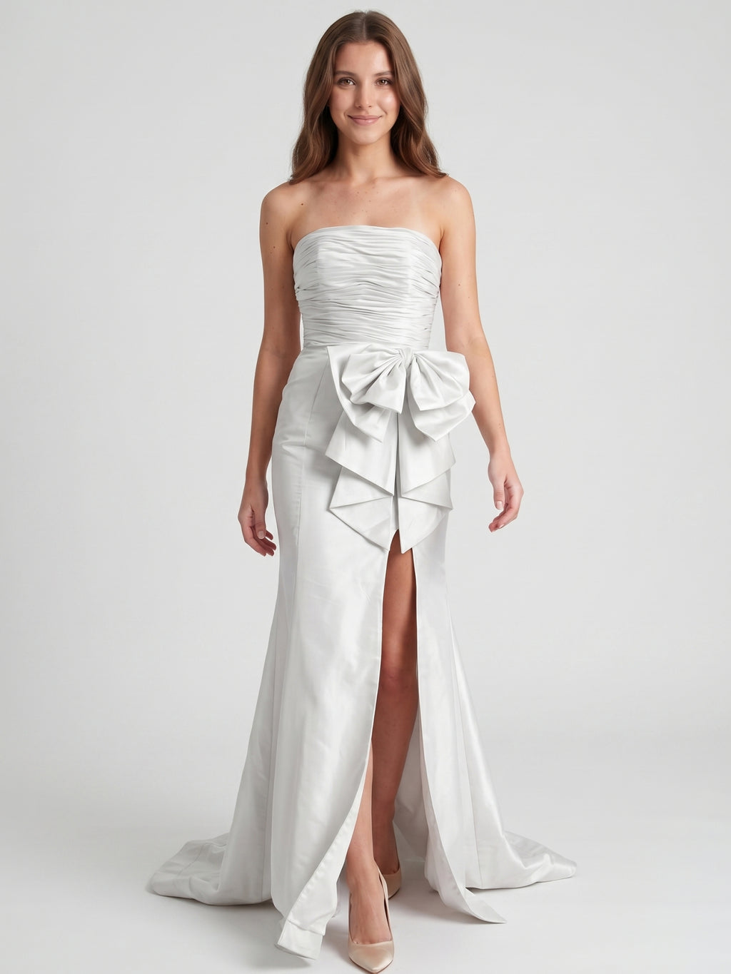 White Matte Satin Sheath Straight Neck Backless Floor-Length Bridesmaid Dress with Bow