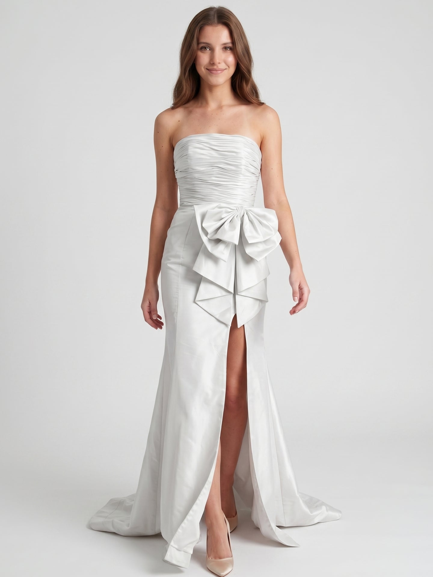 White Matte Satin Sheath Straight Neck Backless Floor-Length Bridesmaid Dress with Bow