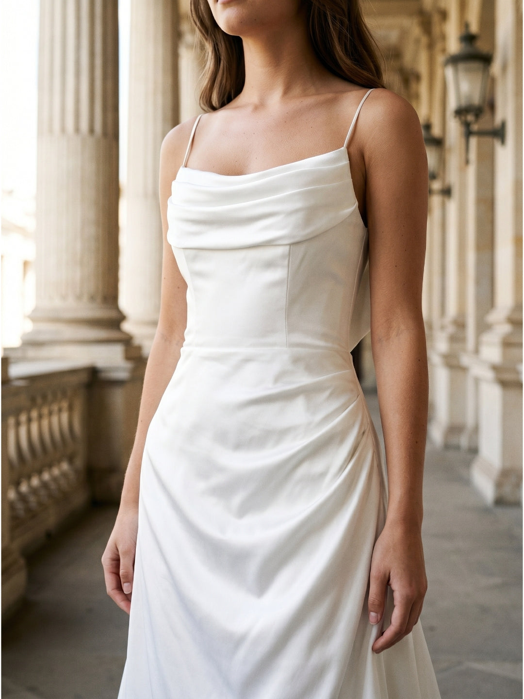 White Matte Satin Sheath Straight Neck Backless Floor-Length Bridesmaid Dress with Bow