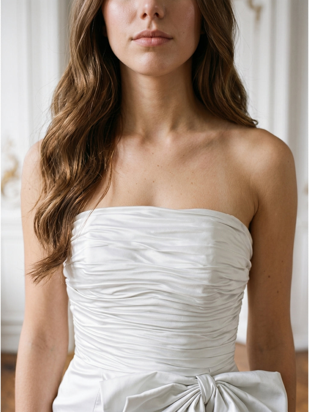 White Matte Satin Sheath Straight Neck Backless Floor-Length Bridesmaid Dress with Bow