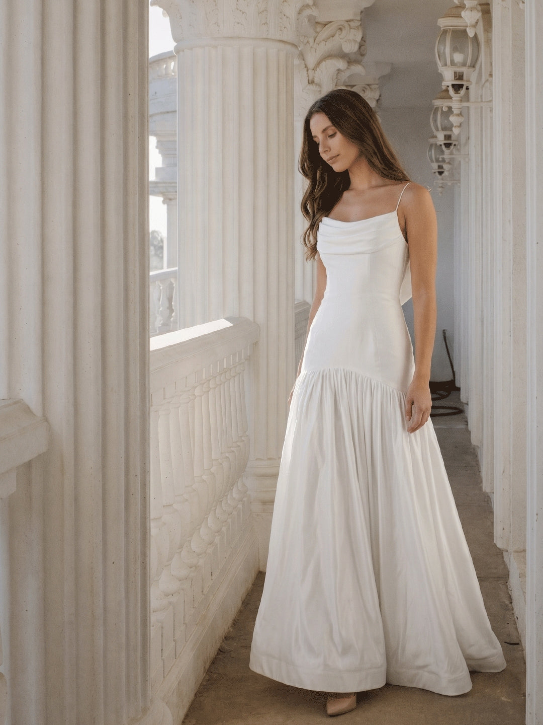 White Matte Satin Sheath Straight Neck Backless Floor-Length Bridesmaid Dress with Bow