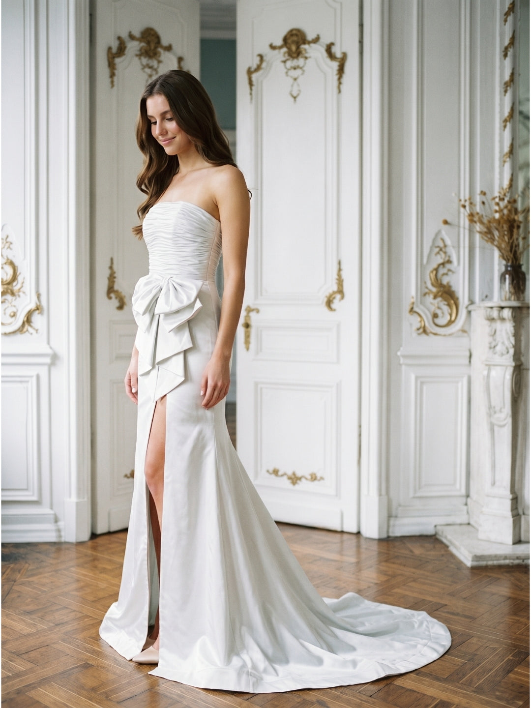 White Matte Satin Sheath Straight Neck Backless Floor-Length Bridesmaid Dress with Bow