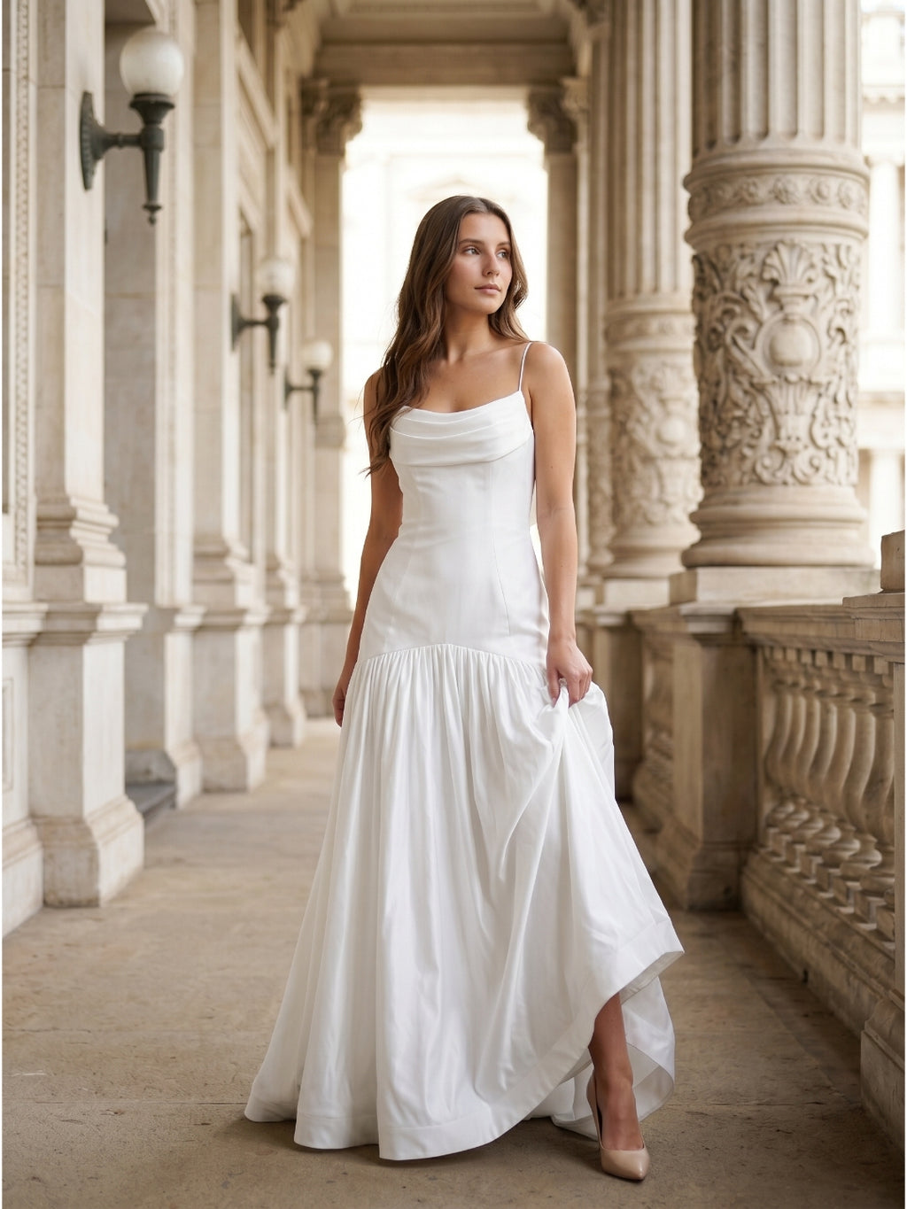 White Matte Satin Sheath Straight Neck Backless Floor-Length Bridesmaid Dress with Bow