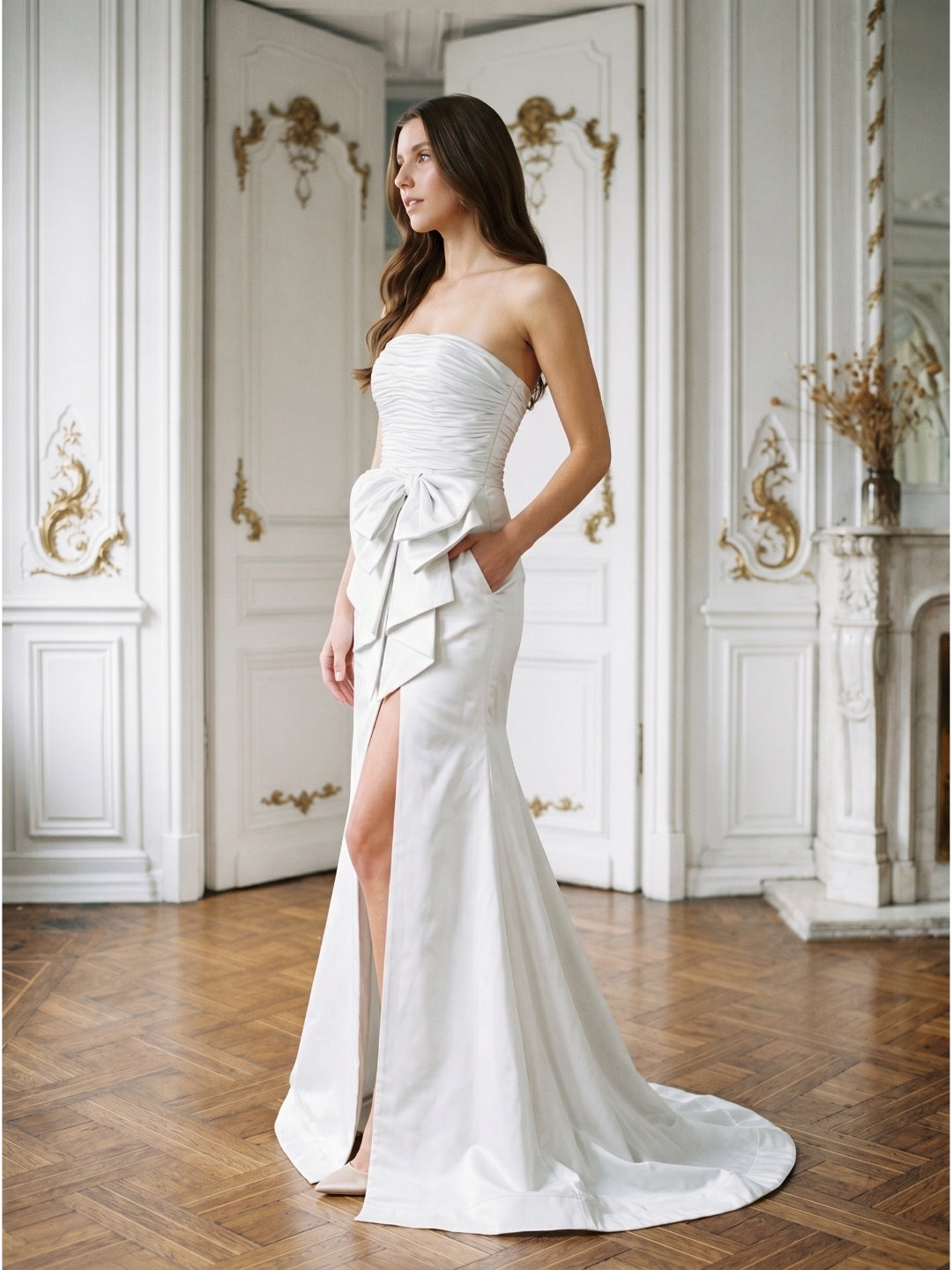 White Matte Satin Sheath Straight Neck Backless Floor-Length Bridesmaid Dress with Bow