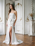 White Matte Satin Sheath Straight Neck Backless Floor-Length Bridesmaid Dress with Bow