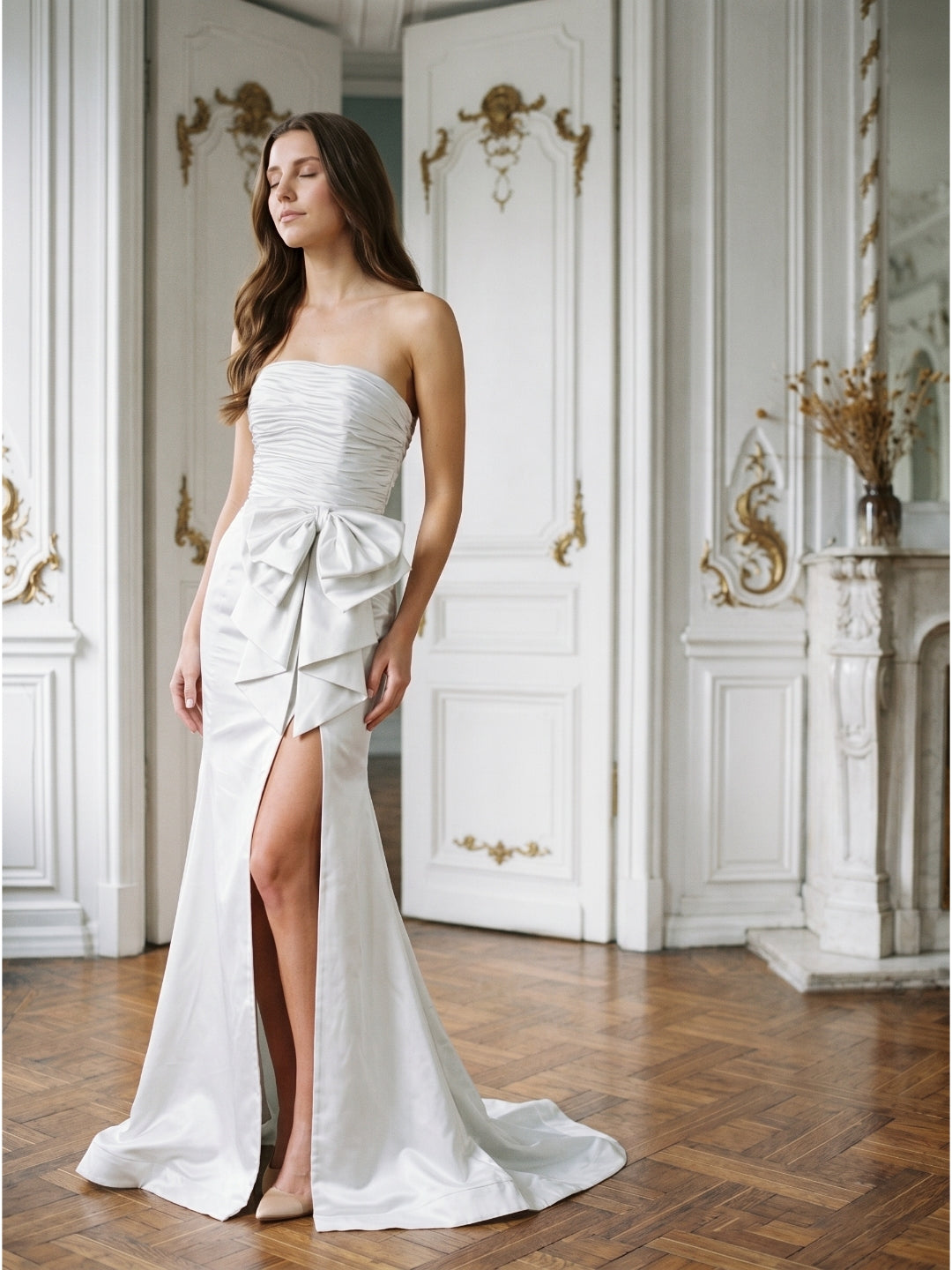 White Matte Satin Sheath Straight Neck Backless Floor-Length Bridesmaid Dress with Bow