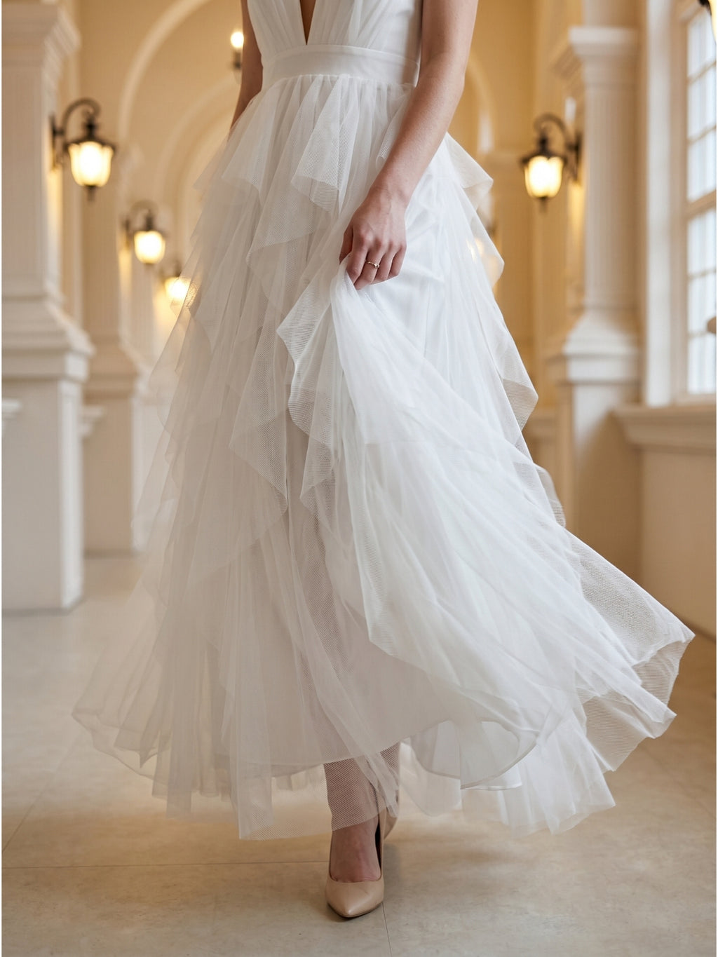 White Mesh Mermaid Cowl Neck Backless Floor-Length Bridesmaid Dress with Bow