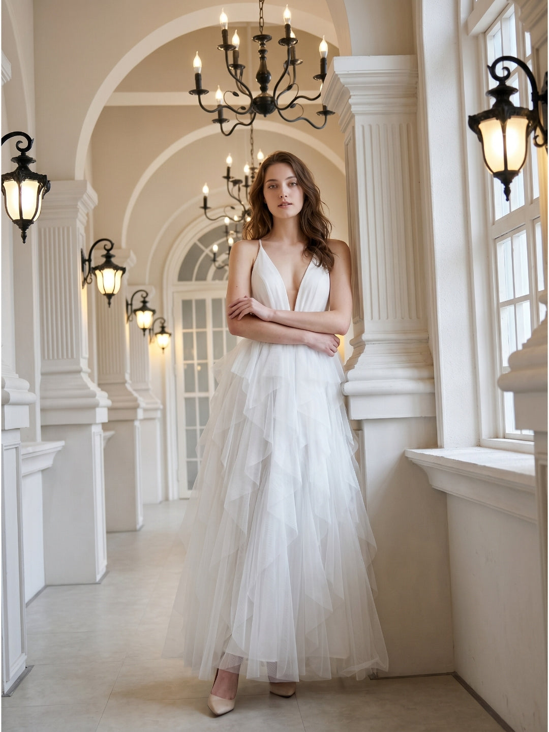 White Mesh Mermaid Cowl Neck Backless Floor-Length Bridesmaid Dress with Bow