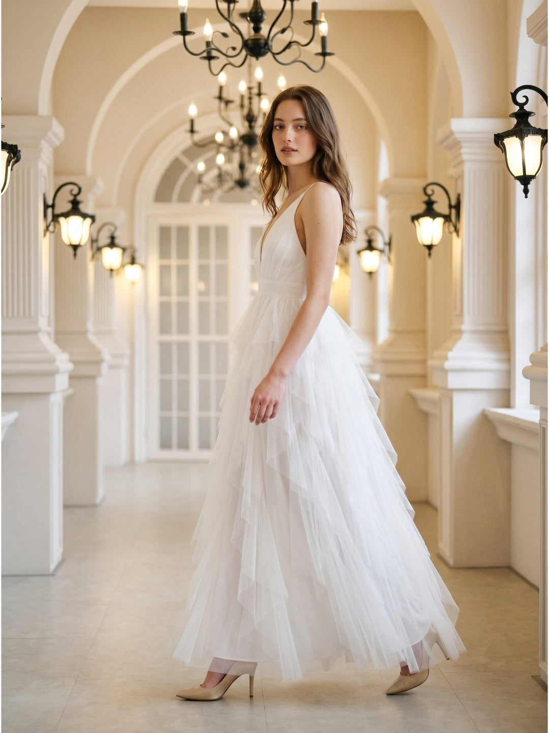 White Mesh Mermaid Cowl Neck Backless Floor-Length Bridesmaid Dress with Bow