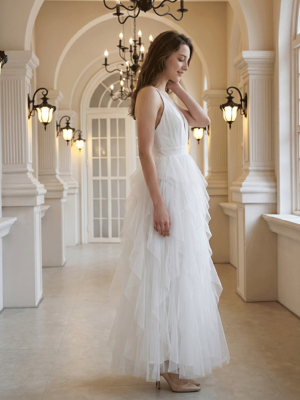 White Mesh Mermaid Cowl Neck Backless Floor-Length Bridesmaid Dress with Bow
