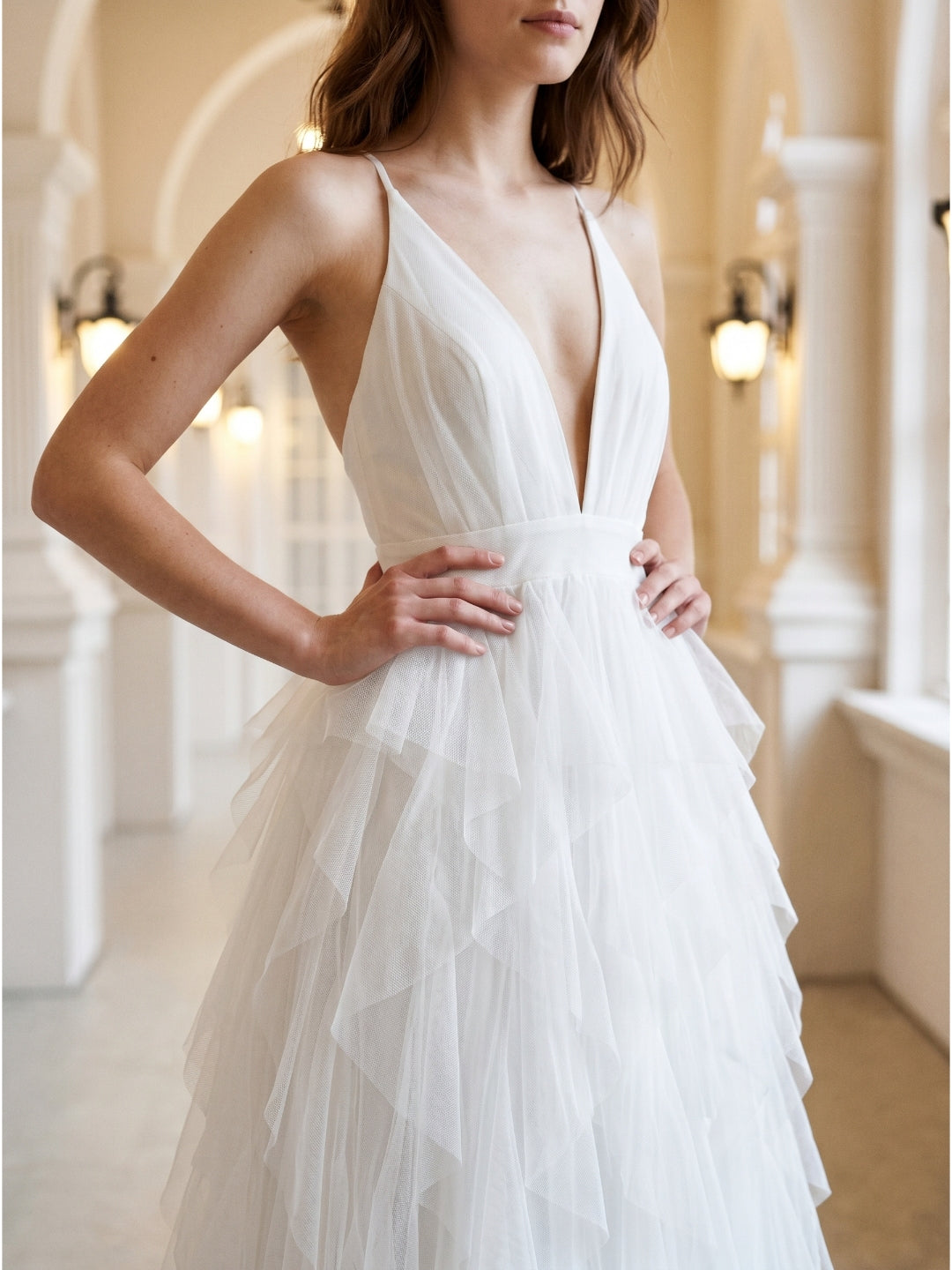White Mesh Mermaid Cowl Neck Backless Floor-Length Bridesmaid Dress with Bow