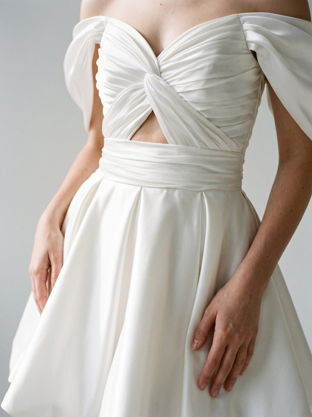 White Satin A-Line Off-the-Shoulder Backless Short Homecoming Dress with Pleating