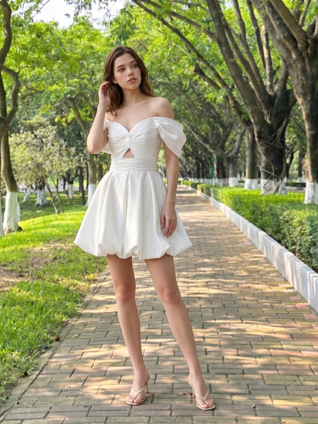 White Satin A-Line Off-the-Shoulder Backless Short Homecoming Dress with Pleating